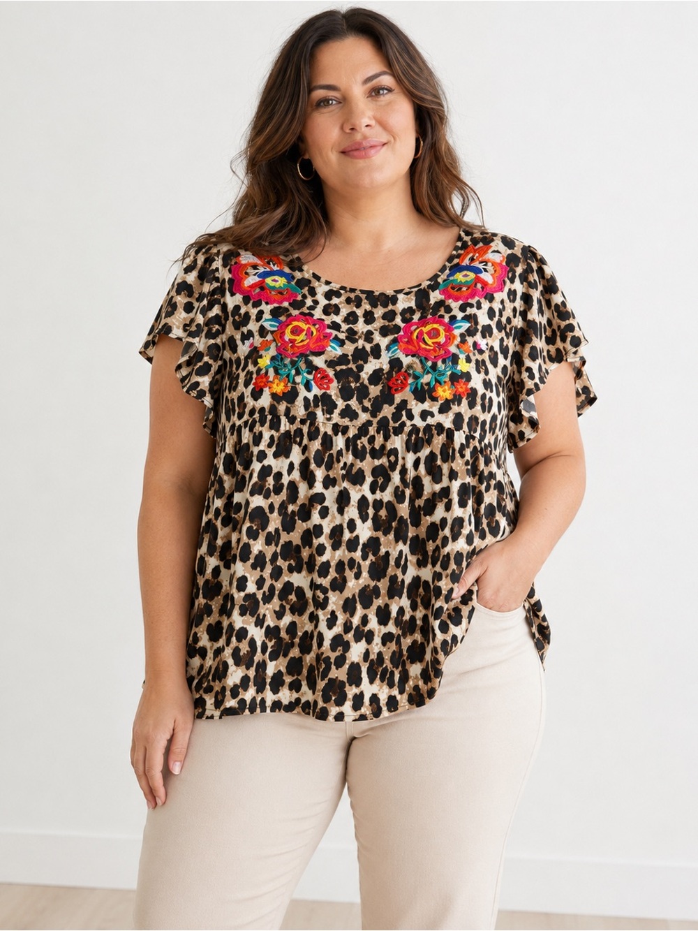 Oddy Leopard Floral Embroidered Blouse Size 3XL